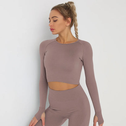 Seamless Athletic Crop Top Woman Sports T-shirts Yoga Top Knitted Shirt Long Sleeve Workout Tops For Women Fashion Gym Clothes
