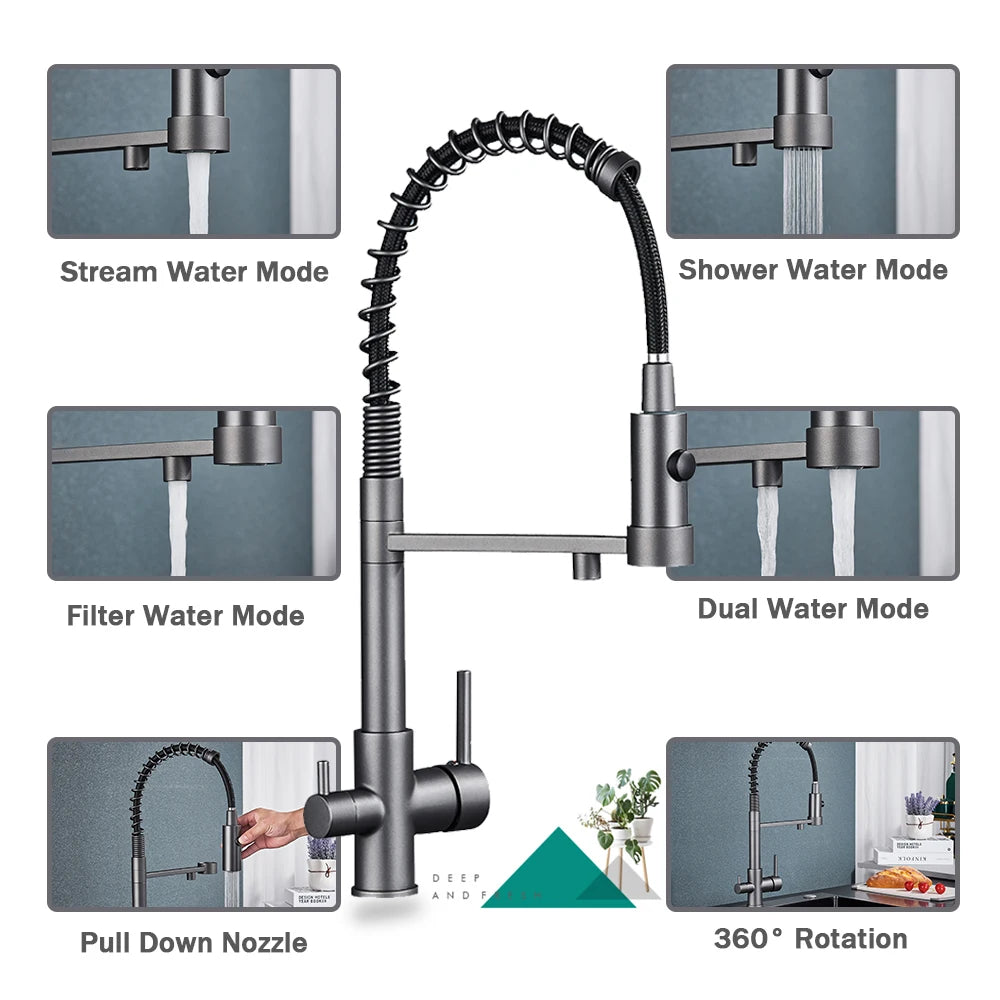 Filter Kitchen Faucet 2 In 1 Pull Down 360° Flexible Drinking Pure Water Purification Faucets Brass Hot Cold Water Mixer Tap