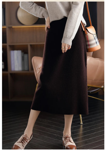 2024 Autumn Winter New 100%Pure Wool Knit Long Skirt Women Casual Thick Korean High Waist Pack Hip Cashmere Wild A-Line Skirt