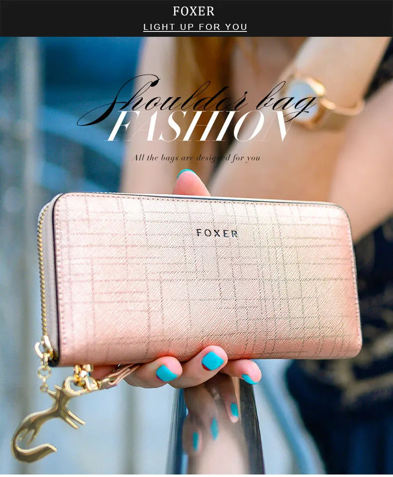 FOXER Women Split Leather Wallet Bifold Clutch Bag with Wristlet Fashion Card Holder Coin Purse Cellphone Bag Female Money Bag.