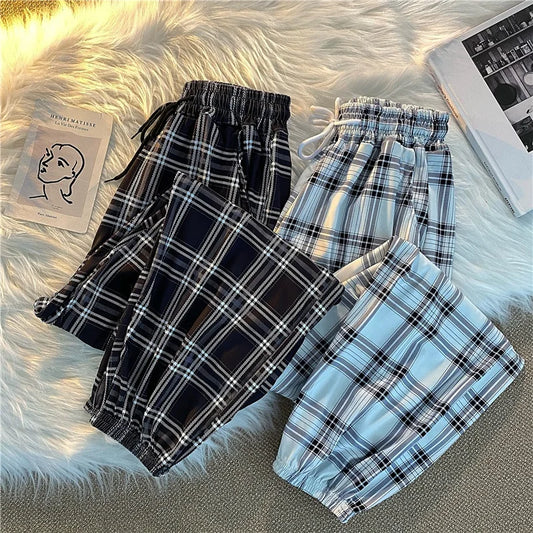 Hosen Frauen Neue Haufen füße Mode Lose Schwarz Plaid Sommer Harajuku Studenten Streetwear Harem Lange Hosen Frauen Chic