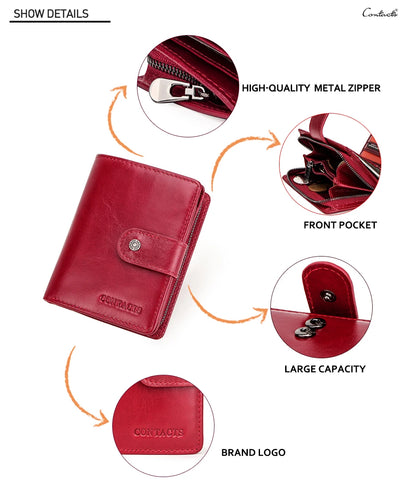 Contact'S Genuine Leather Wallets Women Men Wallet Short Small RFID Blocking Card Holder Wallets Ladies Red Coin Purse.