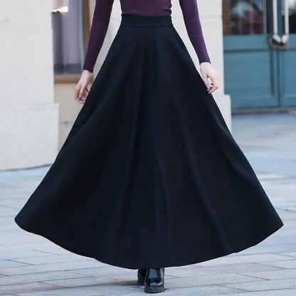 FairyShely Vintage Pleated Long Skirt Women 2025 Autumn Winter Woolen High Waist Black Skirts Female Flare Pocket.