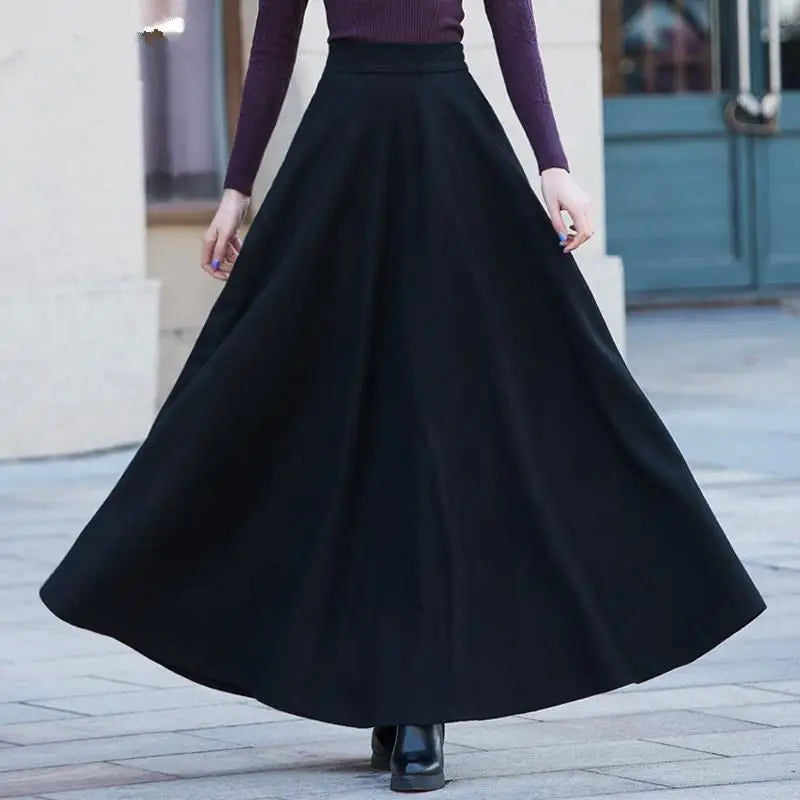 FairyShely 2025 Autumn Winter Retro High Waist Pleated Skirt Women Casual Pocket Woolen Maxi Skirt female Flare Red Long skirt