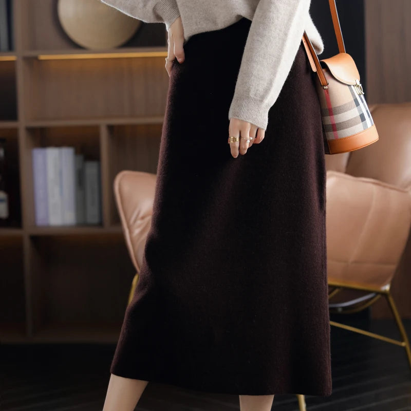 2024 Autumn Winter New 100%Pure Wool Knit Long Skirt Women Casual Thick Korean High Waist Pack Hip Cashmere Wild A-Line Skirt.