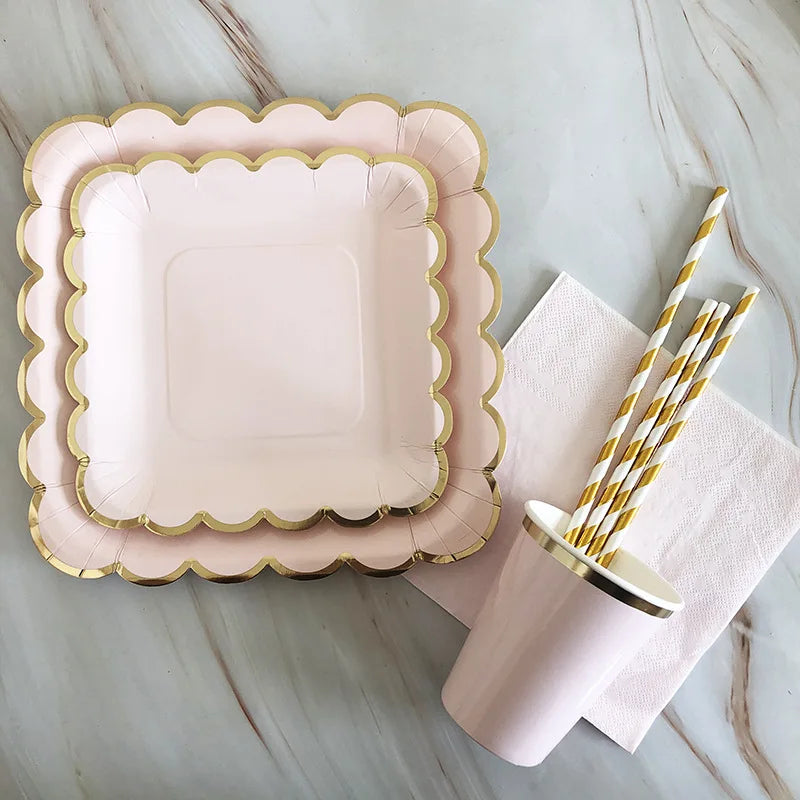 40pcs/set Yellow Green Pink Blue Paper Plates Cups Disposable Tableware Set for Wedding Birthday Party Baby Shower Supplies