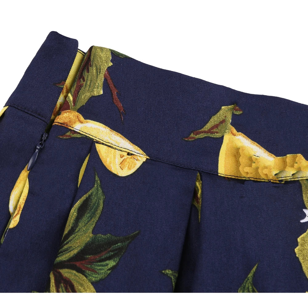 2025 Summer French High Waist Pleated Skirts Blue 50s Vintage Casual Dance Party Skirt Sexy Cute Midi Lemon Skater Women Clothes.