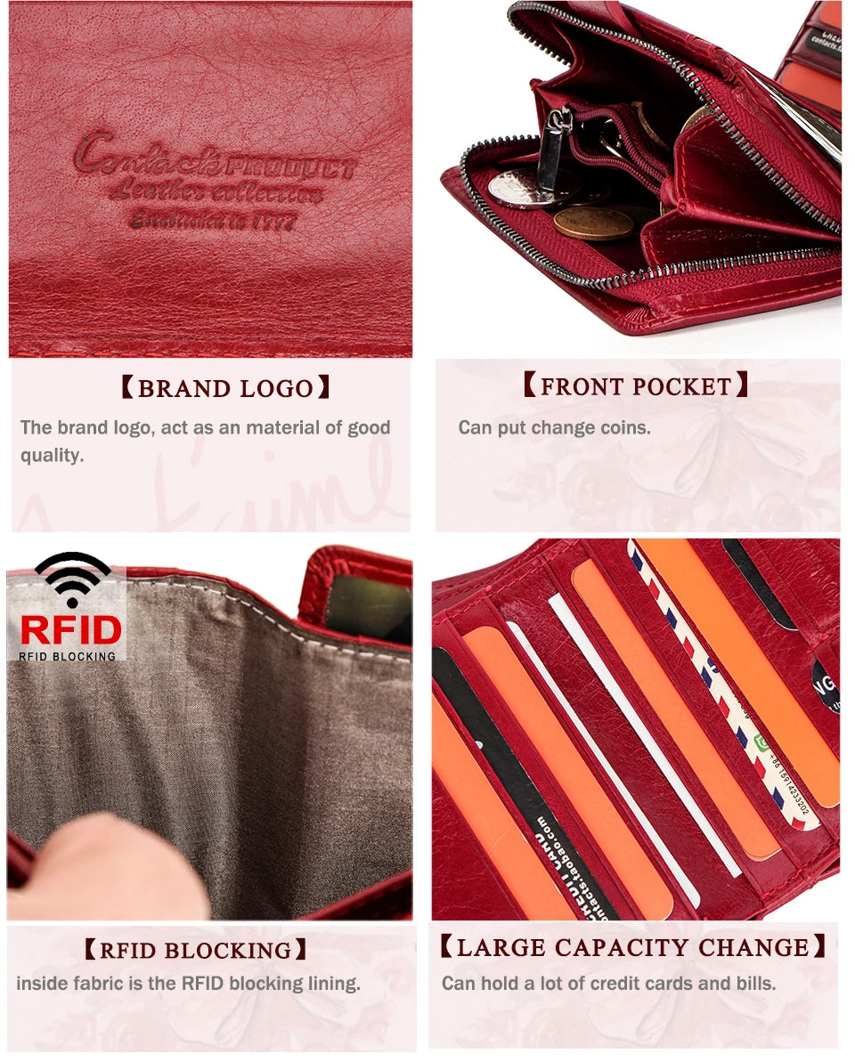 Contact'S Genuine Leather Wallets Women Men Wallet Short Small RFID Blocking Card Holder Wallets Ladies Red Coin Purse