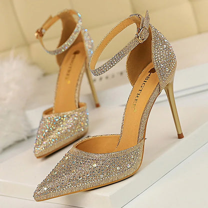 BIGTREE Shoes Shiny Rhinestones High Heels Ladies Shoes Women Pumps Stiletto Sweet Women Heels Wedding Shoes Women Sandals 10 Cm.