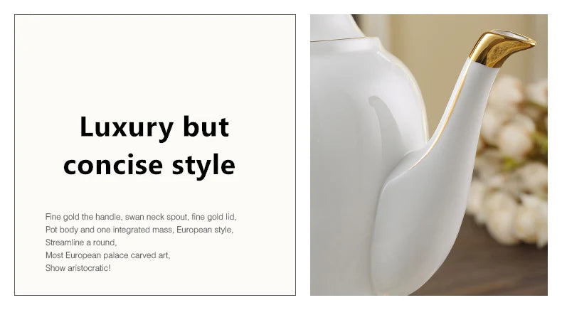 Grace Bone China Coffee Set White Gold Porcelain Tea Set Advanced Pot Cup Ceramic Mug Sugar Bowl Creamer Teapot Milk Jug Teaset.