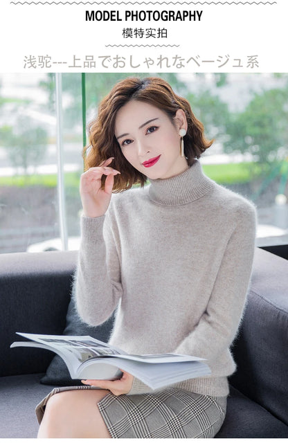 Herbst Winter 100% Nerz Kaschmir Pullover Frauen Strickwaren Pullover Dicke Warme Einfarbig Plus Größe Basis Hohe Revers Kleidung Tops.