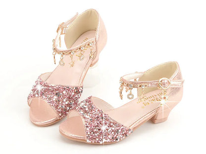 Girls Sandals Children Crystal Shoes 2023 Summer Kids Glitter Shoes High Heels Sequined Rhinestone Pendants Open Toes Princess.