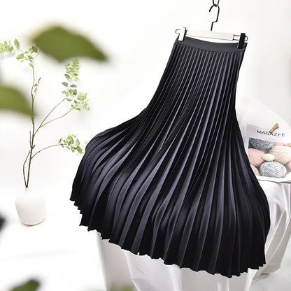 Brand Designer Women Spring Autumn Elegant Chic Solid Pleated Skirt High Waist Luxury Fashion With Elastic Female C-035.