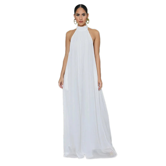 Women Fashion New Loose Sleeveless Solid Color Halter Sexy Backless Wide Leg Long Pants Lady Siamese Trousers Casual Jumpsuit