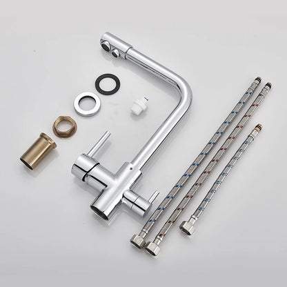 Filter Kitchen Faucet Chrome Drinking Pure Water Kitchen Tap Deck Mounted Dual Handles 3-Ways Hot and Cold Water Mixer