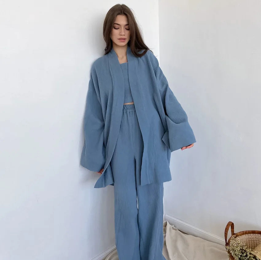 NHKDSASA Kimono Pajamas 2023 New 100% Cotton Crepe Long-Sleeved Trousers Ladies Sleepwear Suit Women's Home Service Mujer.
