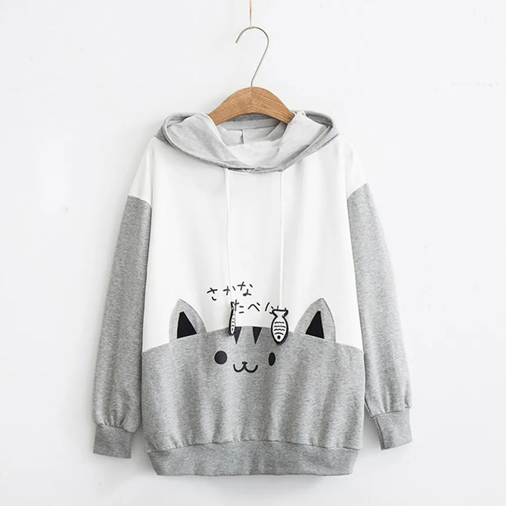 Spring Ladies Long Sleeve Cat Sweatshirt Womens Casual Kitty Cat Print Pocket Thin Hoodie Blouse Top Shirt худи женское платье