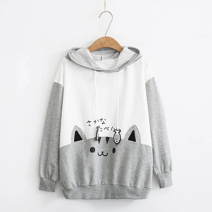Spring Ladies Long Sleeve Cat Sweatshirt Womens Casual Kitty Cat Print Pocket Thin Hoodie Blouse Top Shirt худи женское платье