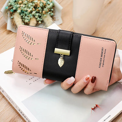 Hollow Leaves PU Leather Women's Long Wallet Fashion Female Coin Purses Hasp Zipper Clutch ID Credit Card Holders Money Bag Clip