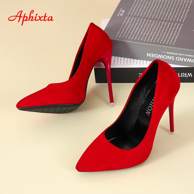 Aphixta 12cm Super High Stiletto Heels Pumps Women Office Flock Pointed Toe Thin Heel Party Shoes Woman Plus Large Size 44 45.