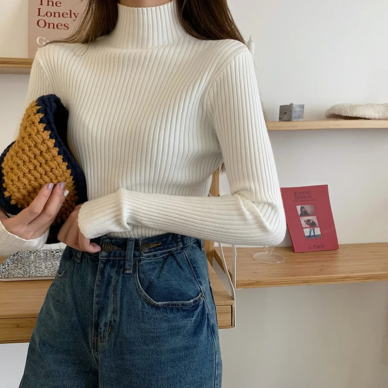 2025 Knit Jumpers Top Chic Autumn Winter Sweater Pullovers Women Long Sleeve Casual Turtleneck Warm Basic Sweater.