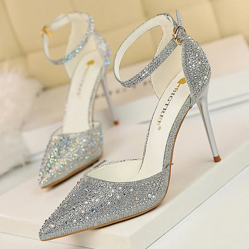 BIGTREE Shoes Shiny Rhinestones High Heels Ladies Shoes Women Pumps Stiletto Sweet Women Heels Wedding Shoes Women Sandals 10 Cm.