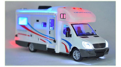 1:28 Diecast Luxury RV Recreational Vehicle Car Model Metal Camper Van Motorhome Touring Car Model Sound and Light Kids Toy Gift.