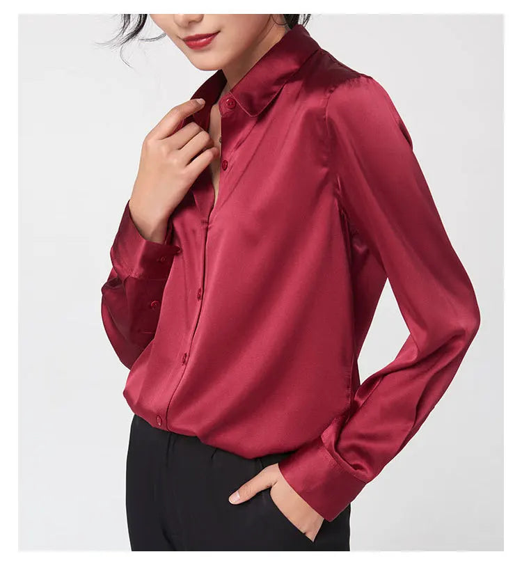 Woman Silk Shirt Long-sleeved Satin Women Blouse 19mm Mulberry Silk Blouse Loose Versatile Base Shirt 95% Natural Silk+5%Spandex