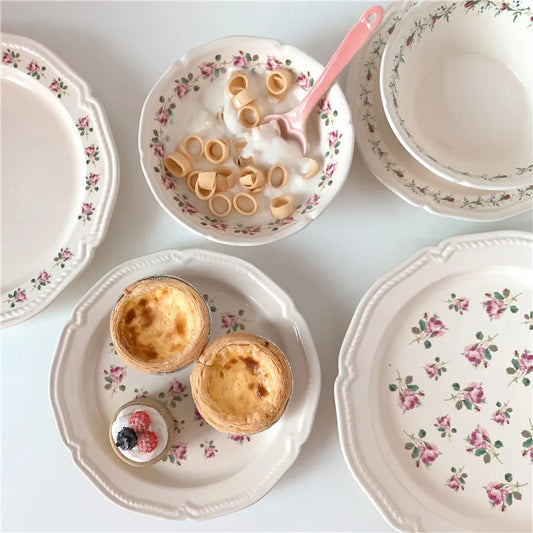 Ceramic Plate French Style Retro Floral Reliefs Food Plate Yogurt Salad Bowl Dessert Plate Dish Dinner Wedding Set Dinner Plates.