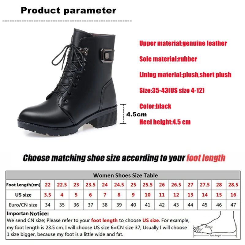 WOIZGIC Female Ladies Women Genuine Leather Ankle Boots Platform Winter Antumn Plush Fur Warm Shoes Plus Size Lace Up 35-43.