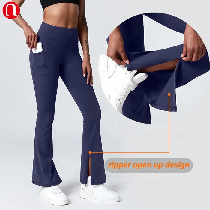 Luluyun Bottom Zipper up Leg Open Wide Leg Pants for Women Casual Elastic High Waist Loose Long Pants