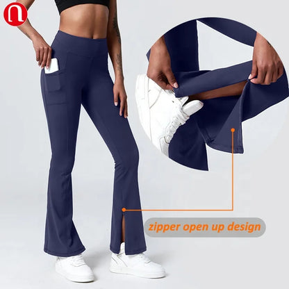 Luluyun Bottom Zipper up Leg Open Wide Leg Pants for Women Casual Elastic High Waist Loose Long Pants