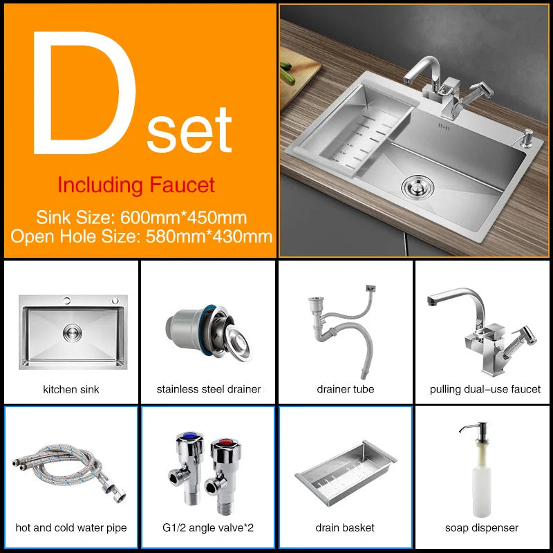 Kitchen sink lead-free austenitic handmade brushed 304 stainless steel 3mm thickness single bowl kitchen sink