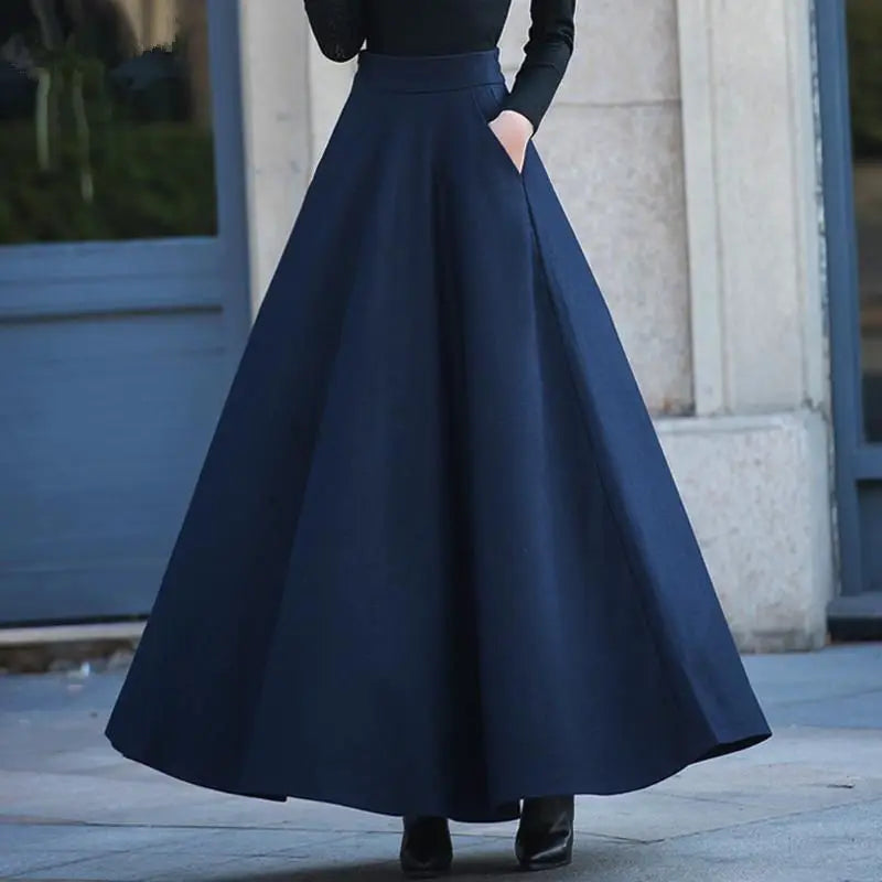 FairyShely 2025 Autumn Winter Retro High Waist Pleated Skirt Women Casual Pocket Woolen Maxi Skirt female Flare Red Long skirt