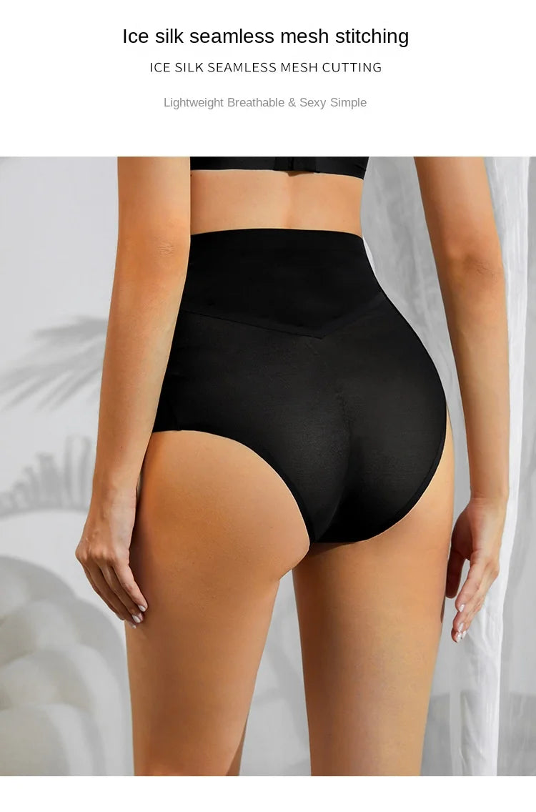 European American Plus Size Women's High Waist Ice Silk Trousers Firm Nylon Briefs Traceless Lace Stitching Thin Body Shaping.