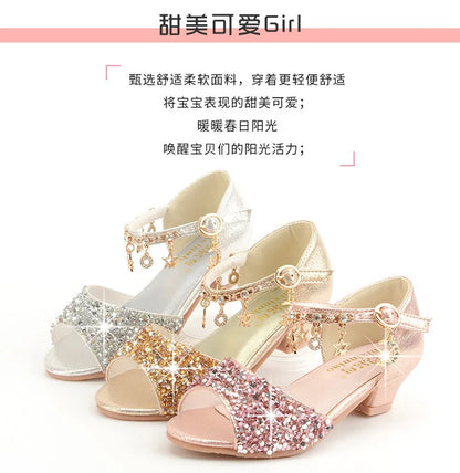 Girls Sandals Children Crystal Shoes 2023 Summer Kids Glitter Shoes High Heels Sequined Rhinestone Pendants Open Toes Princess.