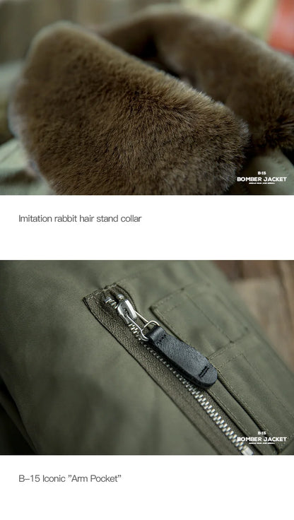 Maden Vintage B15 Bomber Jacket for Men Faux Rabbit Fur Lapel Signature Arm Pocket Winter Thickened Warm Windproof Coat Parkas.
