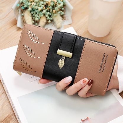 Hollow Leaves PU Leather Women's Long Wallet Fashion Female Coin Purses Hasp Zipper Clutch ID Credit Card Holders Money Bag Clip