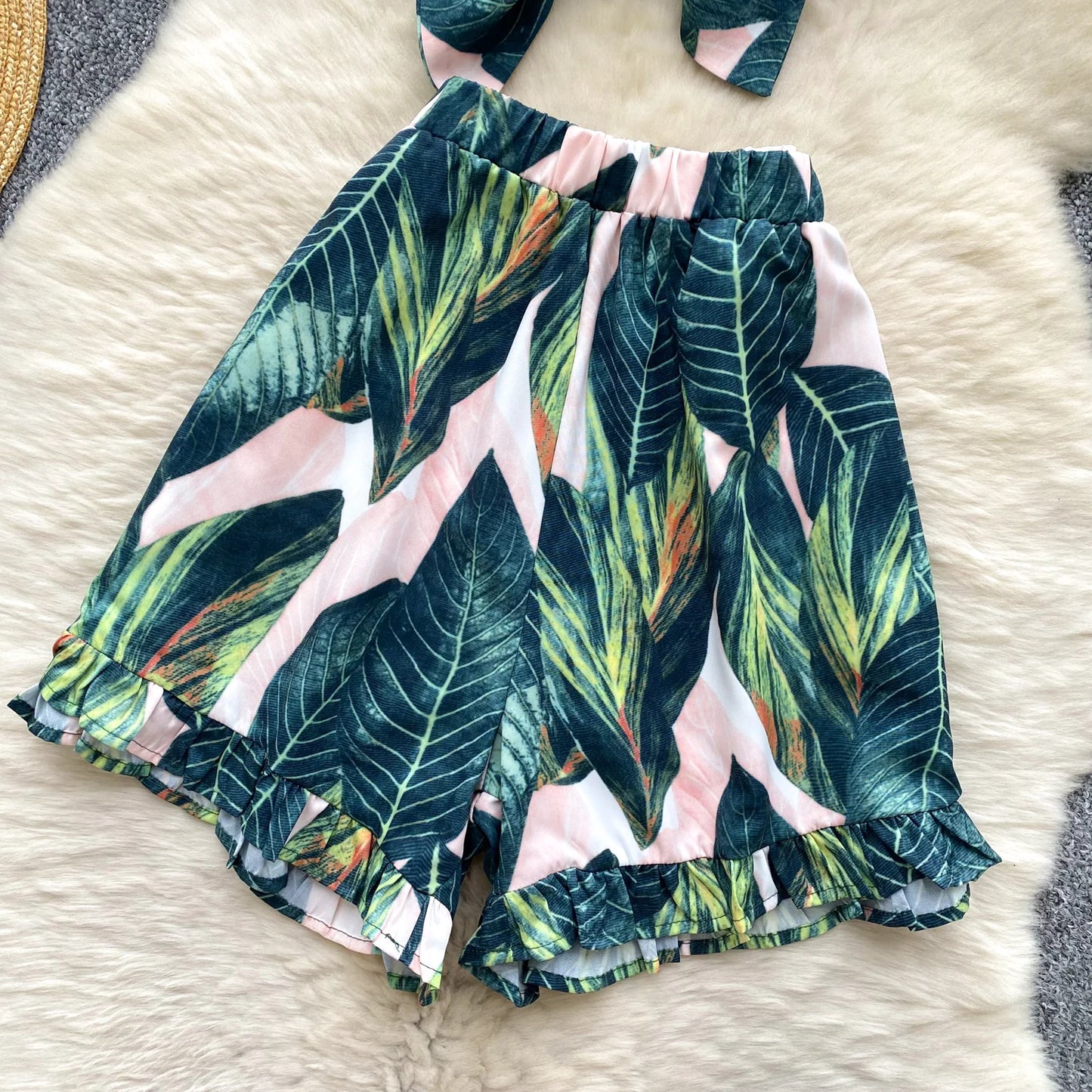 Summer Women's Casual Sets Bandage Top And High Waist Printed Shorts Set American Clothing Wholesale.