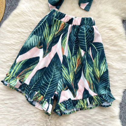 Summer Women's Casual Sets Bandage Top And High Waist Printed Shorts Set American Clothing Wholesale.