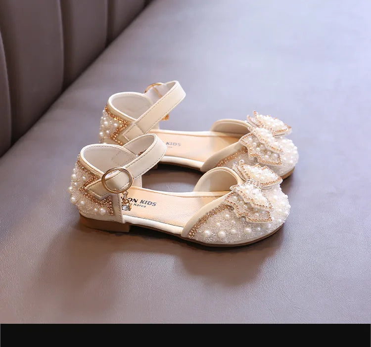 Girls Party Shoes Elegant Rhinestone Fashion Children's Leather Shoes Versatile Sweet Kids Princess Wedding Dress Flats Sandals.