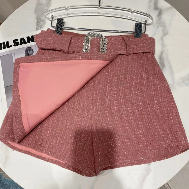 2022 Spring Autumn New shiny sequins Plaid Shorts with Belt for Lady Rhinestone Bright Silk Tweed Folding Short Boots Women