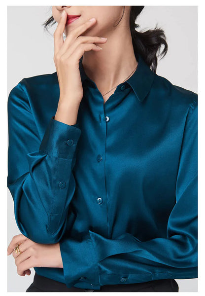 Woman Silk Shirt Long-sleeved Satin Women Blouse 19mm Mulberry Silk Blouse Loose Versatile Base Shirt 95% Natural Silk+5%Spandex