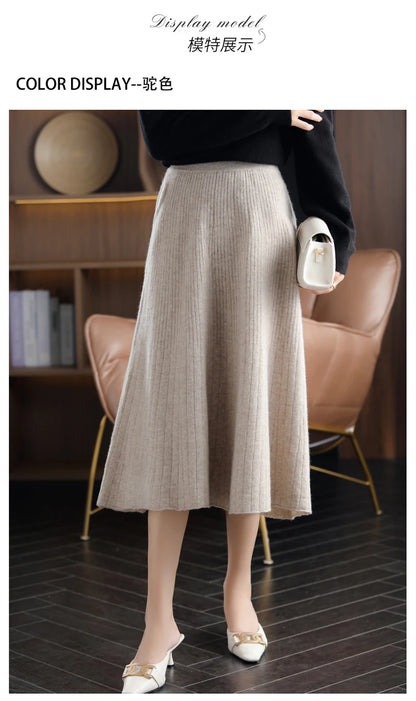 2025 Autumn New High-Waist 100%Pure Wool Pleated Long Skirt Women's Knit Base Skirt Fashion Pack Hip A-Line Cashmere Large Skirt.