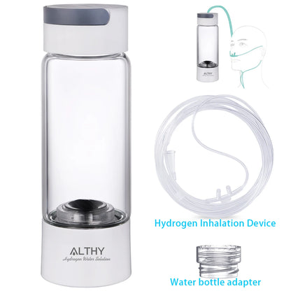 ALTHY Hydrogen Rich Water Generator Bottle - Glass Cupbody - DuPont SPE & PEM Dual Chamber Maker Ionizer - H2 Inhalation Device.