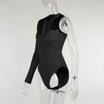 One Shoulder Sexy Backless Twist Bodysuits Women Long Sleeve Top Slim High Waist Bodysuit Club Party Streetwear.