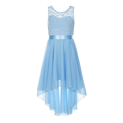 Blumenmädchen-Chiffonkleid mit floraler Spitze, Sommer, ärmellos, hoher, niedriger Saum, formelles Hochzeitskleid für Brautjungfer, Junior, Prinzessin