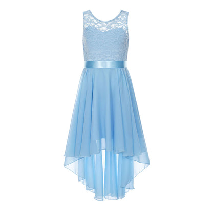 Blumenmädchen-Chiffonkleid mit floraler Spitze, Sommer, ärmellos, hoher, niedriger Saum, formelles Hochzeitskleid für Brautjungfer, Junior, Prinzessin