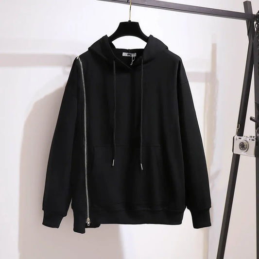 150Kg Plus Größe frauen Frühling Herbst Lose Mit Kapuze Sweatshirt Büste 154cm 6XL 7XL 8XL 9XL 10XL Lange hülse Gefälschte Zipper Top Schwarz
