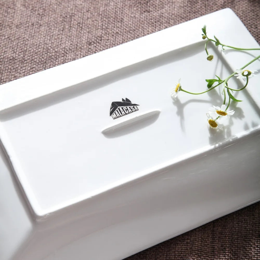 MALACASA Carina 2-Piece Ivory White Porcelain Dinner Plate Set Tableware Fruit Snack Dishes with 11" & 13.25" Rectangular Plate.